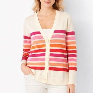 Talbots Striped Button Front Cardigan Sweater Pink Orange Cotton Blend Women’s L